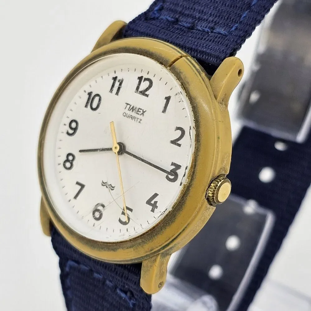 VTG Timex Easy Read Men Watch 34MM White Dial New Blue Canvas Bands New‎ Battery